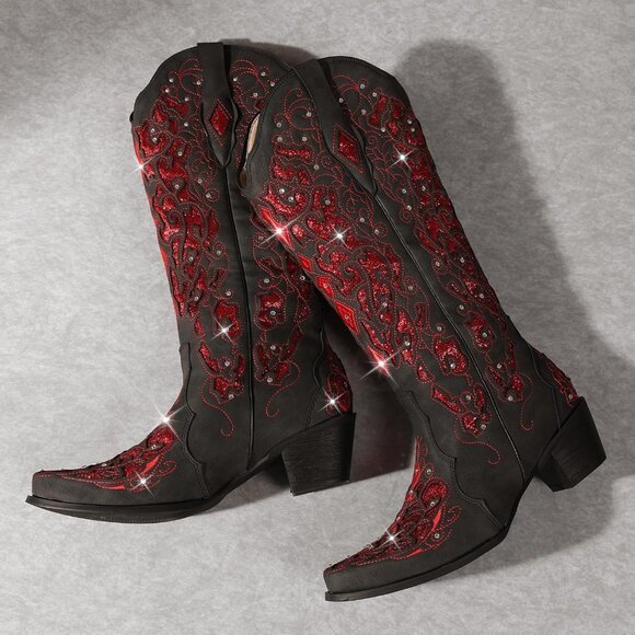 Red Women Sparkly Rhinestone Wedding Boots Trendy Vintage Tall Glitter Boot - Picture 5 of 5